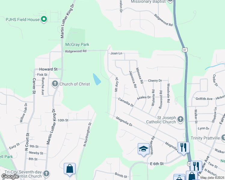 map of restaurants, bars, coffee shops, grocery stores, and more near 513 Mount Airy Drive in Prattville