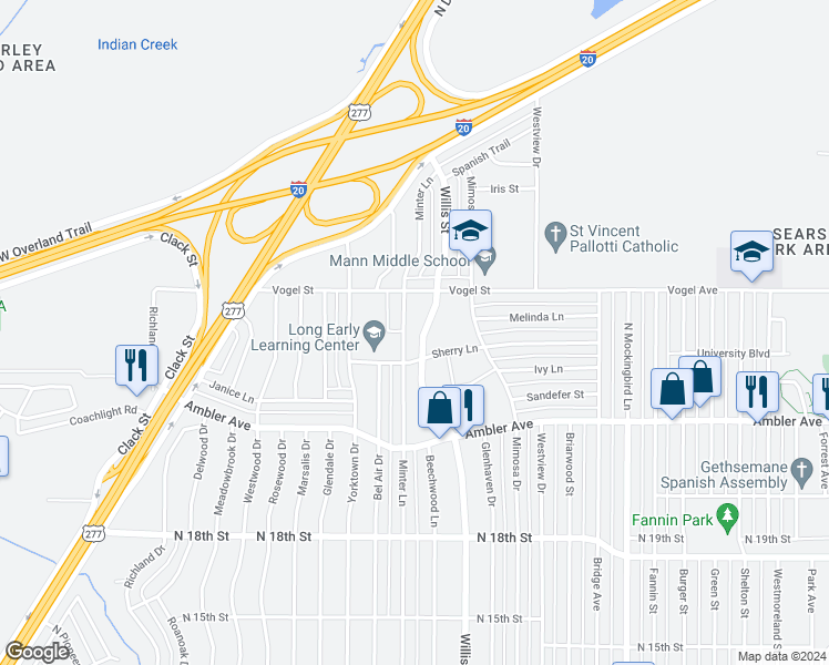 map of restaurants, bars, coffee shops, grocery stores, and more near 2404 North Willis Street in Abilene