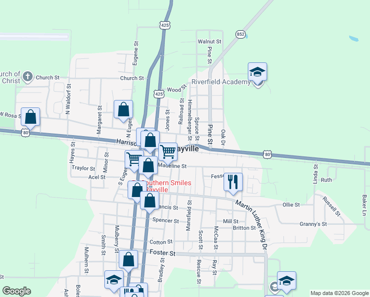 map of restaurants, bars, coffee shops, grocery stores, and more near in Rayville