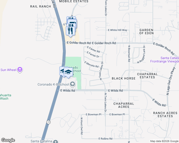 map of restaurants, bars, coffee shops, grocery stores, and more near 3562 East Secretariat Road in Tucson