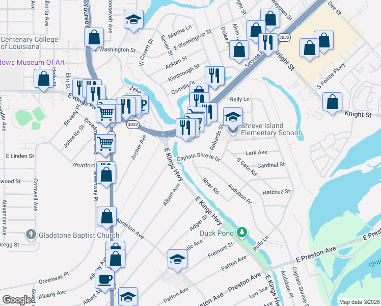 map of restaurants, bars, coffee shops, grocery stores, and more near 741 Shreveport Barksdale Highway in Shreveport