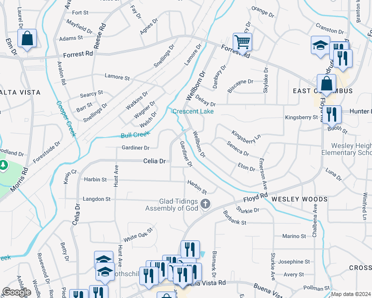 map of restaurants, bars, coffee shops, grocery stores, and more near 4831 Gardiner Drive in Columbus