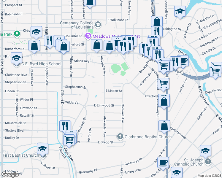 map of restaurants, bars, coffee shops, grocery stores, and more near 224 East Linden Street in Shreveport