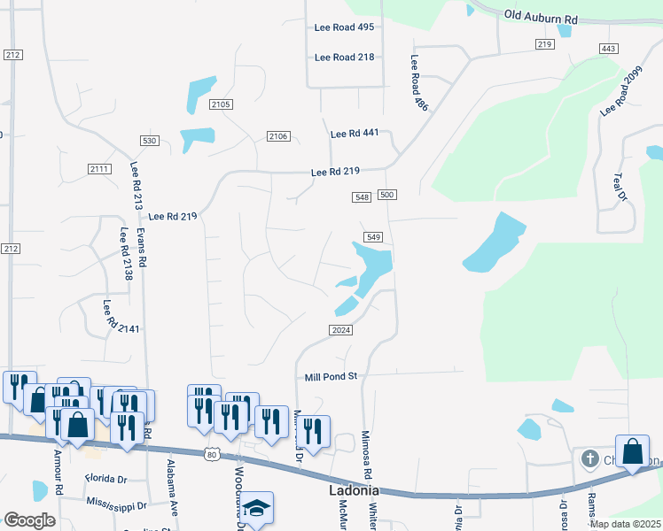 map of restaurants, bars, coffee shops, grocery stores, and more near 12 Woodchase Drive in Phenix City