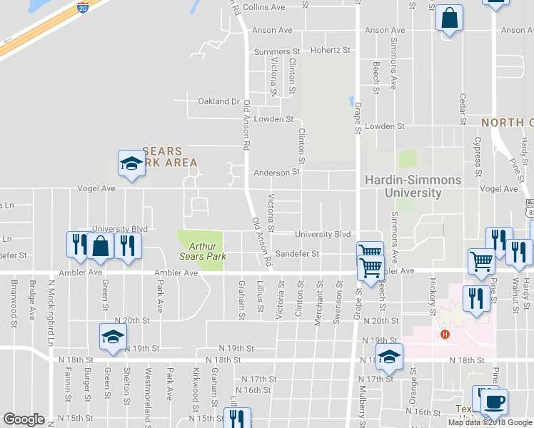 map of restaurants, bars, coffee shops, grocery stores, and more near 2442 Victoria Street in Abilene
