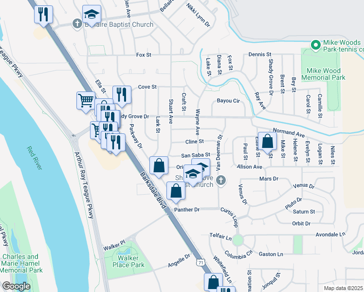 map of restaurants, bars, coffee shops, grocery stores, and more near 1607 Cline Street in Bossier City