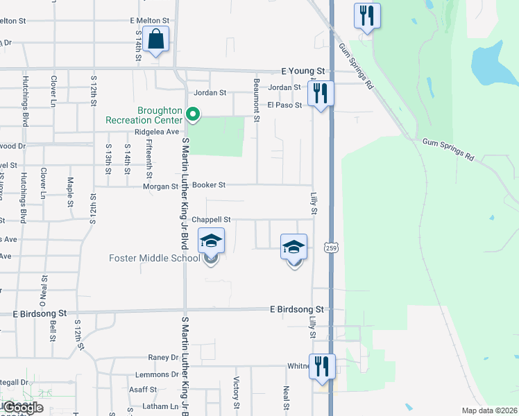 map of restaurants, bars, coffee shops, grocery stores, and more near 1300 Booker Street in Longview