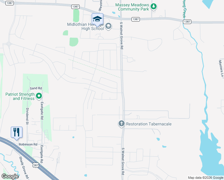 map of restaurants, bars, coffee shops, grocery stores, and more near 4049 Grove Valley Road in Midlothian