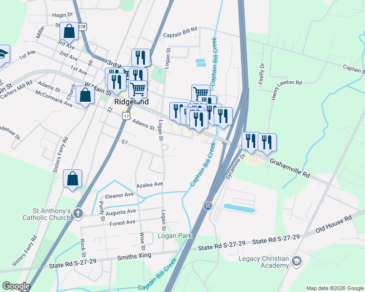 map of restaurants, bars, coffee shops, grocery stores, and more near 8146 East Main Street in Ridgeland