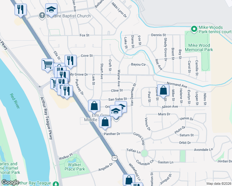 map of restaurants, bars, coffee shops, grocery stores, and more near 1618 Cline Street in Bossier City