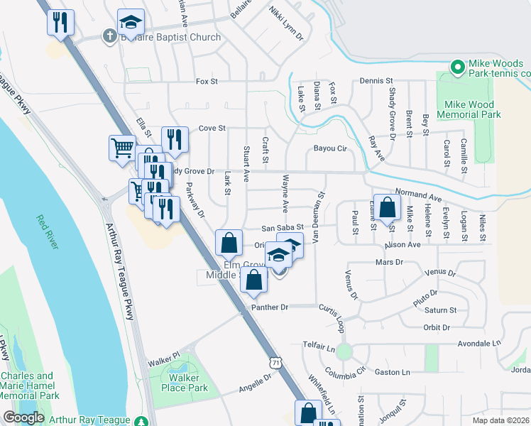 map of restaurants, bars, coffee shops, grocery stores, and more near 1607 Cline Street in Bossier City