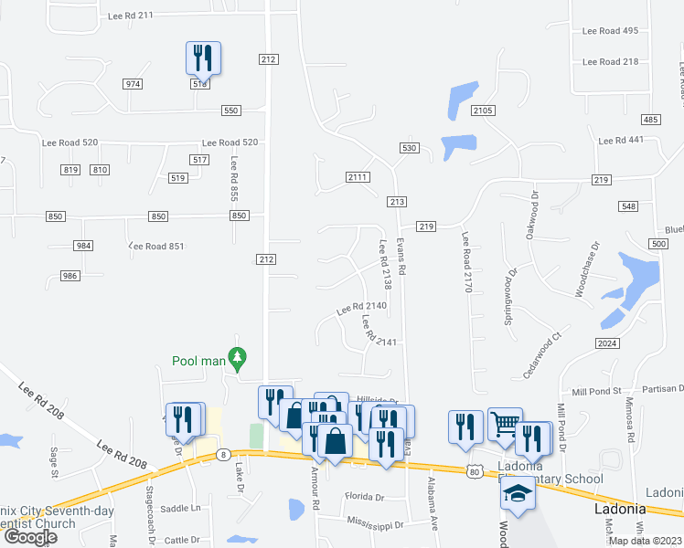 map of restaurants, bars, coffee shops, grocery stores, and more near 146 Lee Road 2137 in Phenix City