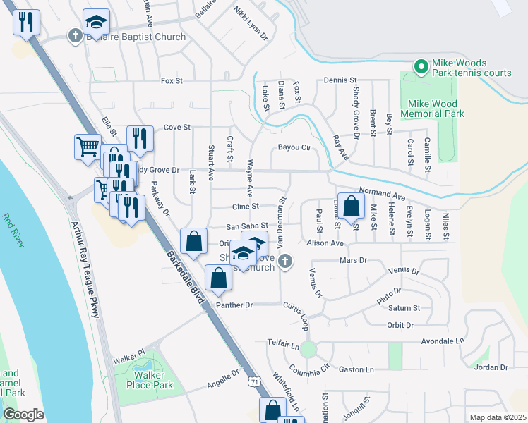 map of restaurants, bars, coffee shops, grocery stores, and more near 1713 Cline Street in Bossier City