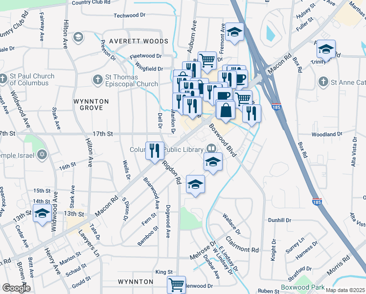 map of restaurants, bars, coffee shops, grocery stores, and more near 2960 Macon Road in Columbus