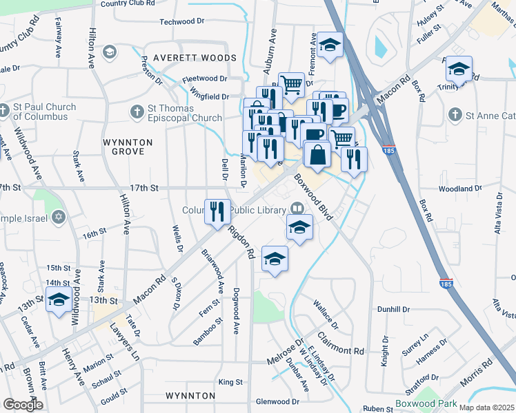 map of restaurants, bars, coffee shops, grocery stores, and more near 2960 Macon Road in Columbus