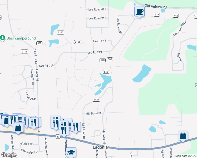 map of restaurants, bars, coffee shops, grocery stores, and more near 11 Woodchase Court in Phenix City