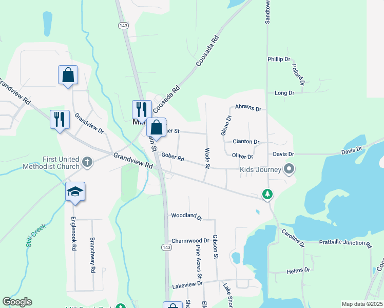 map of restaurants, bars, coffee shops, grocery stores, and more near 3881 Gober Road in Millbrook