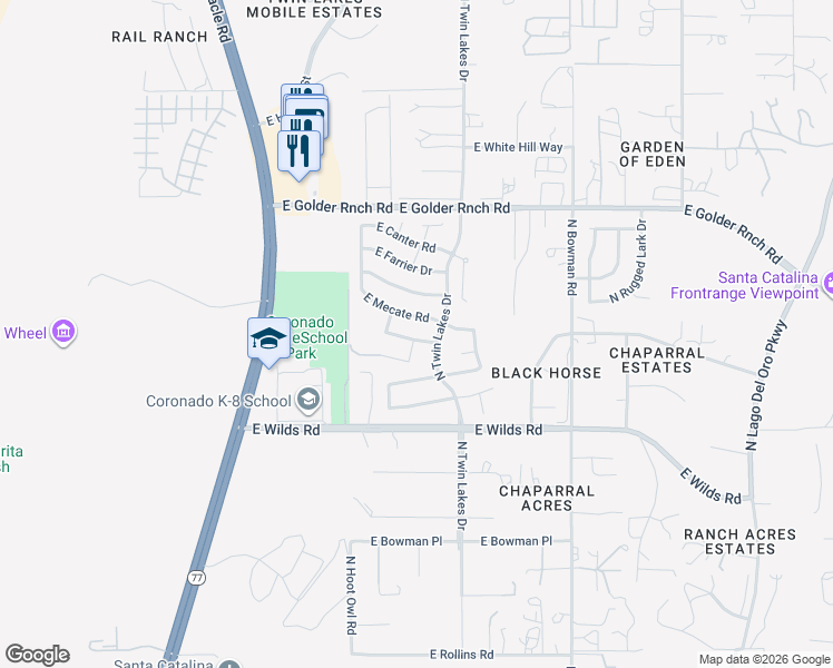 map of restaurants, bars, coffee shops, grocery stores, and more near 3636 East Mecate Road in Tucson