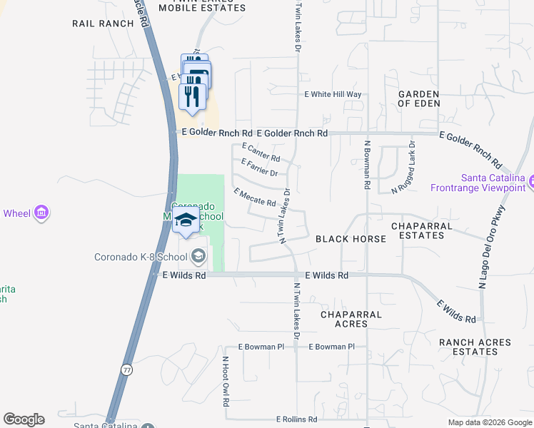 map of restaurants, bars, coffee shops, grocery stores, and more near 3636 East Mecate Road in Tucson