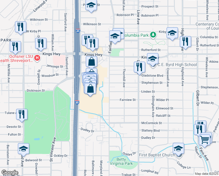 map of restaurants, bars, coffee shops, grocery stores, and more near 953 Stephenson Street in Shreveport