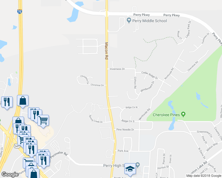 map of restaurants, bars, coffee shops, grocery stores, and more near 1814 Macon Road in Perry