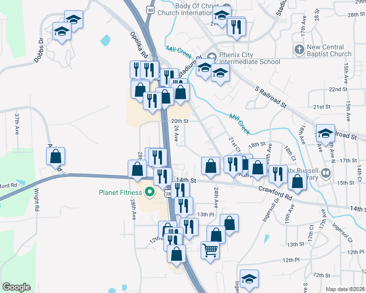 map of restaurants, bars, coffee shops, grocery stores, and more near 2301 16th Place in Phenix City