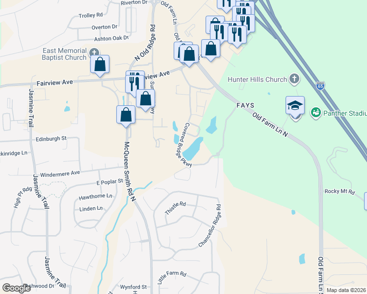 map of restaurants, bars, coffee shops, grocery stores, and more near 625 Covered Bridge Parkway in Prattville