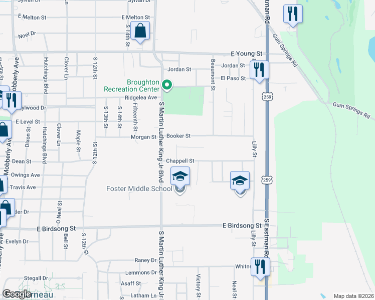 map of restaurants, bars, coffee shops, grocery stores, and more near 107 Brooks Street in Longview