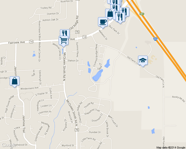 map of restaurants, bars, coffee shops, grocery stores, and more near 625 Covered Bridge Parkway in Prattville