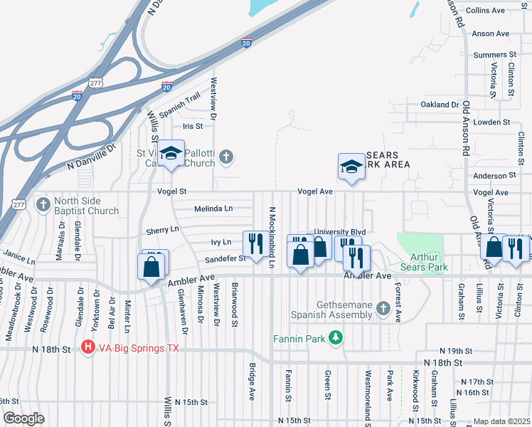 map of restaurants, bars, coffee shops, grocery stores, and more near 2433 North Mockingbird Lane in Abilene
