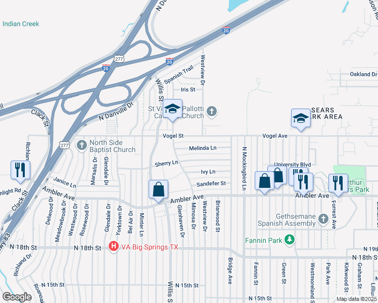 map of restaurants, bars, coffee shops, grocery stores, and more near 3234 Melinda Lane in Abilene