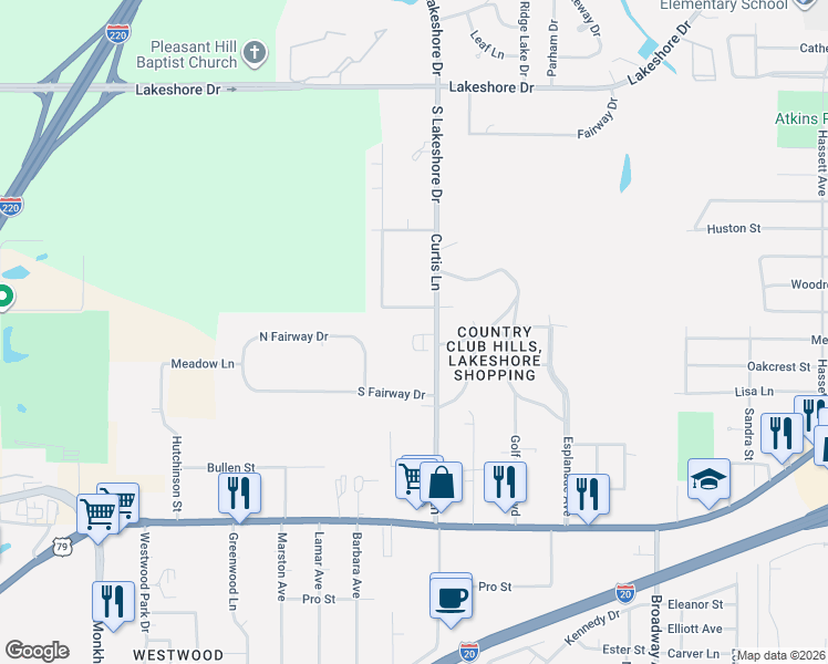 map of restaurants, bars, coffee shops, grocery stores, and more near 3033 Curtis Lane in Shreveport