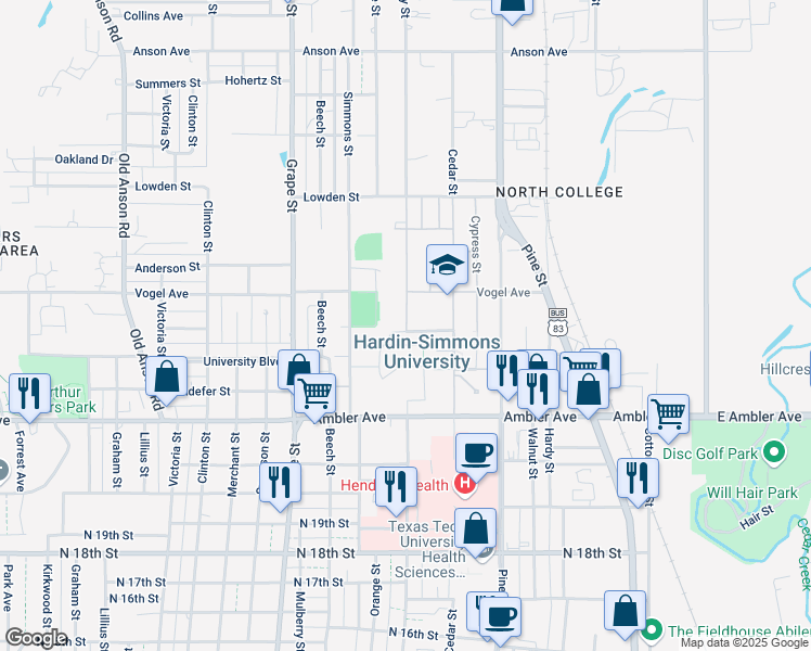 map of restaurants, bars, coffee shops, grocery stores, and more near 2200 Hickory Street in Abilene
