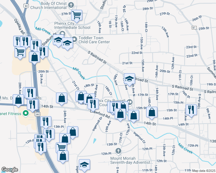 map of restaurants, bars, coffee shops, grocery stores, and more near 1900 18th Street in Phenix City