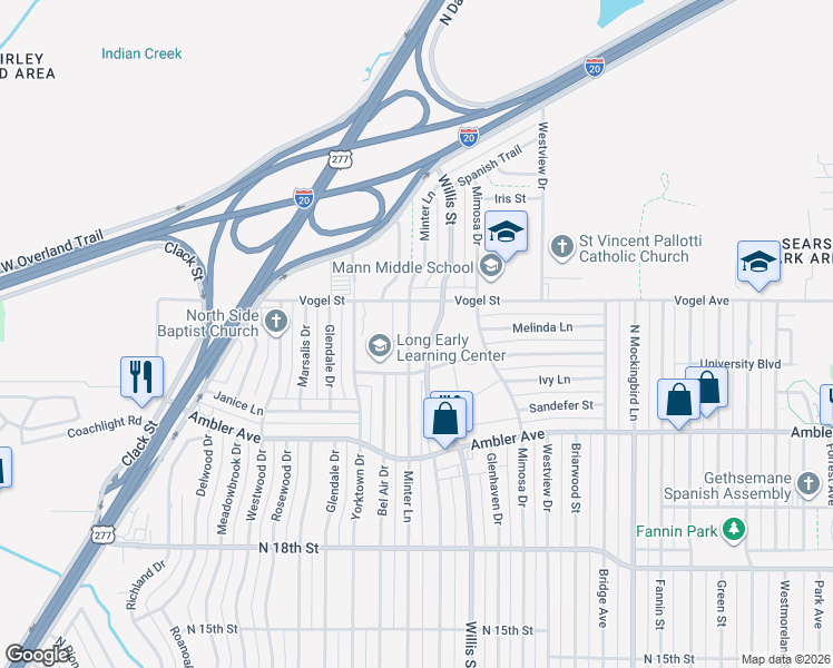 map of restaurants, bars, coffee shops, grocery stores, and more near 2410 North Willis Street in Abilene