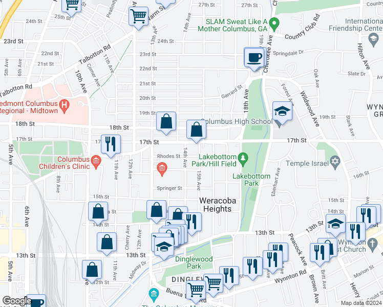 map of restaurants, bars, coffee shops, grocery stores, and more near 1407 Rhodes Street in Columbus