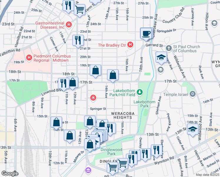 map of restaurants, bars, coffee shops, grocery stores, and more near 1422 17th Street in Columbus