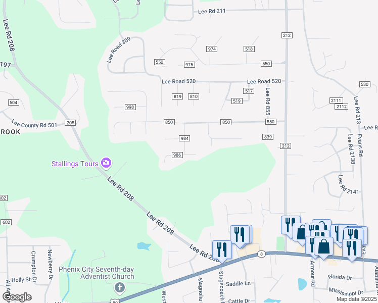 map of restaurants, bars, coffee shops, grocery stores, and more near 125 Lee Road 986 in Phenix City