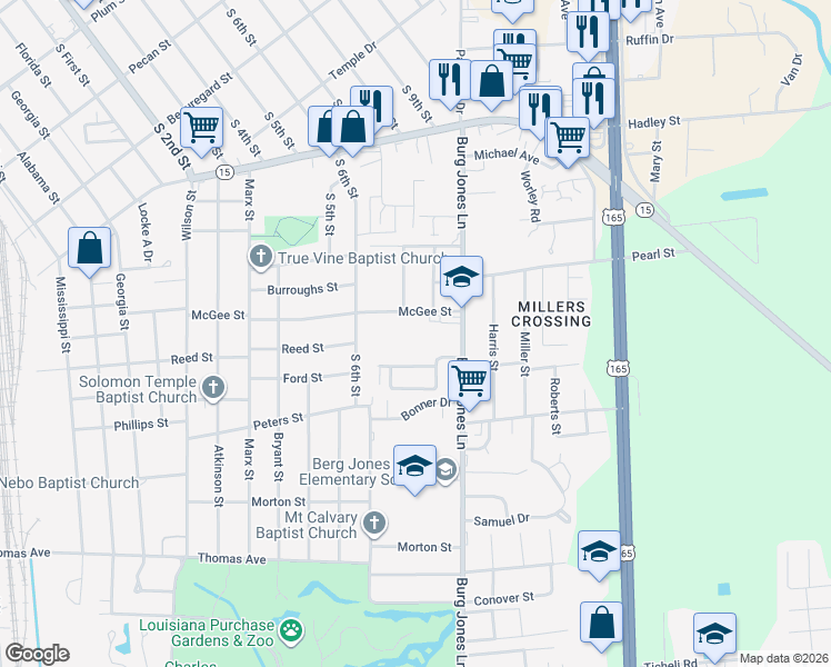 map of restaurants, bars, coffee shops, grocery stores, and more near 2400 Burg Jones Lane in Monroe
