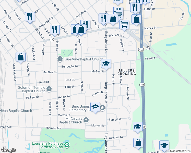 map of restaurants, bars, coffee shops, grocery stores, and more near 2400 Burg Jones Lane in Monroe