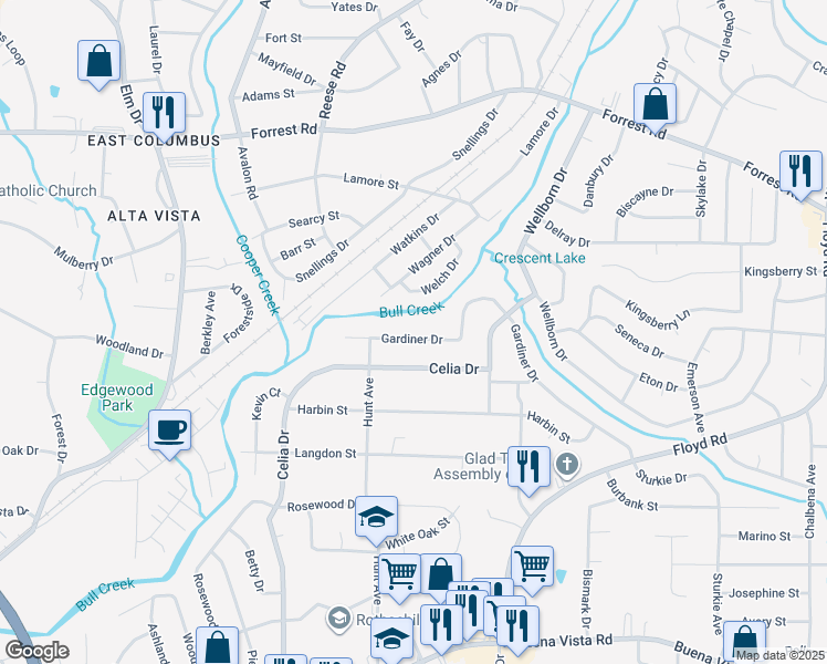 map of restaurants, bars, coffee shops, grocery stores, and more near 4621 Gardiner Drive in Columbus