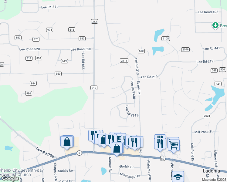 map of restaurants, bars, coffee shops, grocery stores, and more near 433 Lee Road 2141 in Phenix City