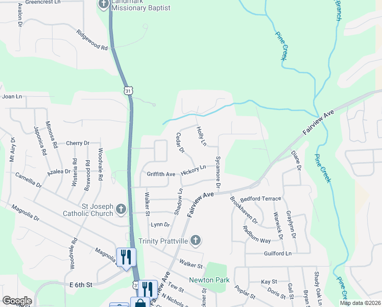 map of restaurants, bars, coffee shops, grocery stores, and more near 110 Cedar Drive in Prattville