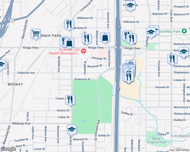 map of restaurants, bars, coffee shops, grocery stores, and more near 1411 Claiborne Avenue in Shreveport