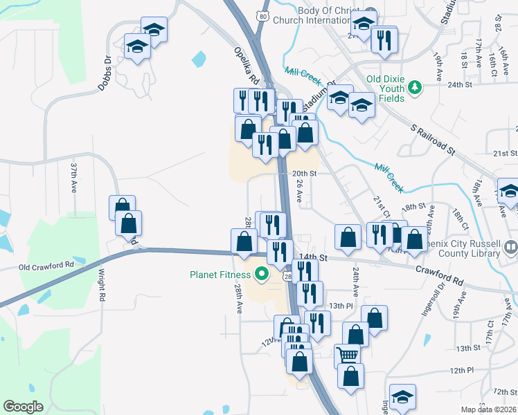 map of restaurants, bars, coffee shops, grocery stores, and more near 1711 27th Court in Phenix City