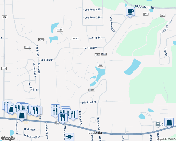 map of restaurants, bars, coffee shops, grocery stores, and more near 1 Woodchase Court in Phenix City