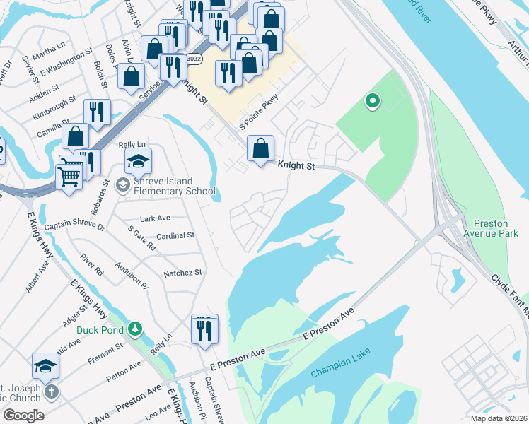 map of restaurants, bars, coffee shops, grocery stores, and more near 3425 Stonebrook Place in Shreveport