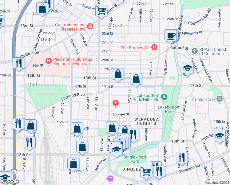 map of restaurants, bars, coffee shops, grocery stores, and more near 1315 Rhodes Street in Columbus
