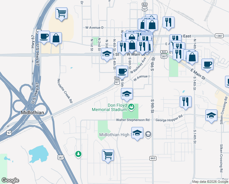 map of restaurants, bars, coffee shops, grocery stores, and more near South 4th Street in Midlothian