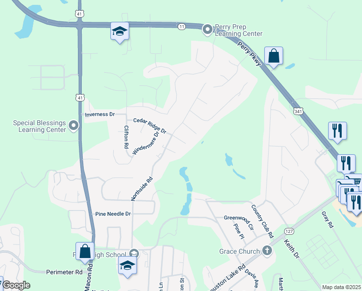map of restaurants, bars, coffee shops, grocery stores, and more near 2004 Cedar Ridge Dr in Perry